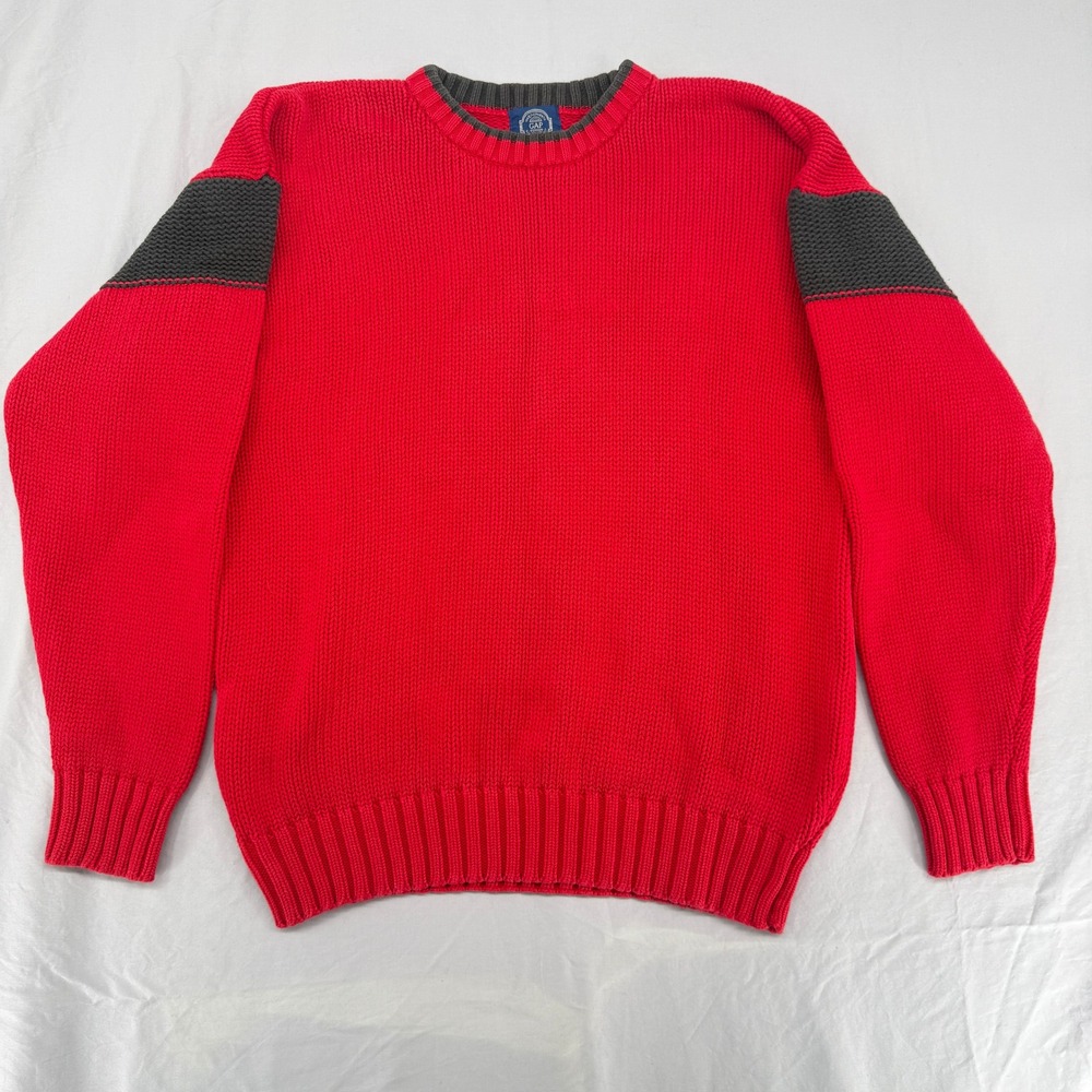 Vintage Gap Red Chunky Cotton Knit Crewneck Sweater Mens Medium Gray Stripe 90s